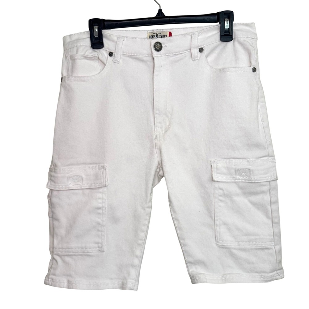 Utility Cargo Denim Shorts White Cotton Denim & Rivets Hammer Loop 34 Mens
